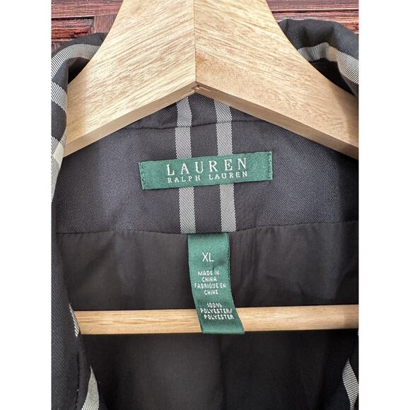 Ralph Lauren Women’s XL Plaid Trench Rain Coat Black Belted Double Breasted - Picture 2 of 3